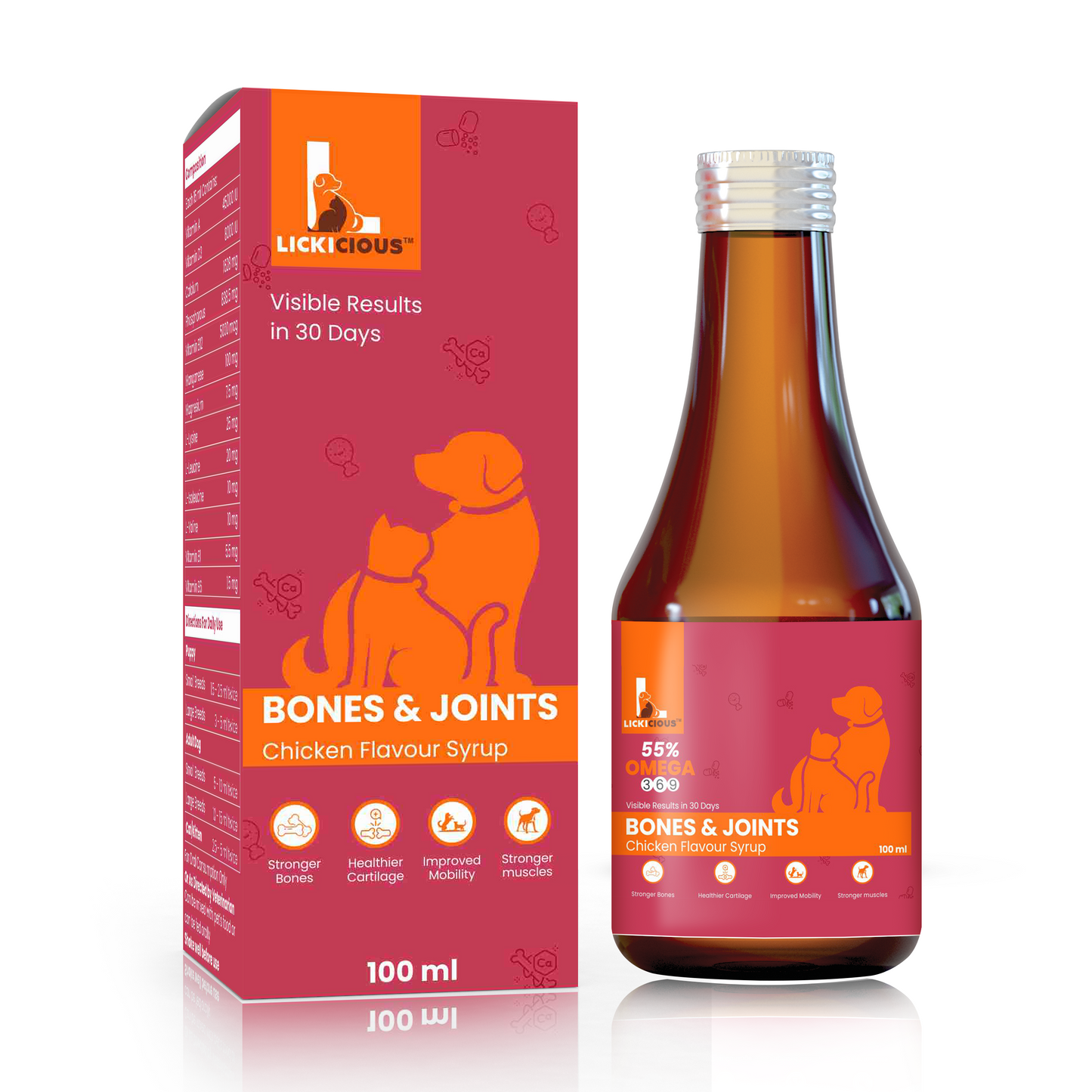 LICKICIOUS Bone & Joint Syrups with Calcium, Minerals & Vitamins, Chicken Flavour for Dogs & Cats