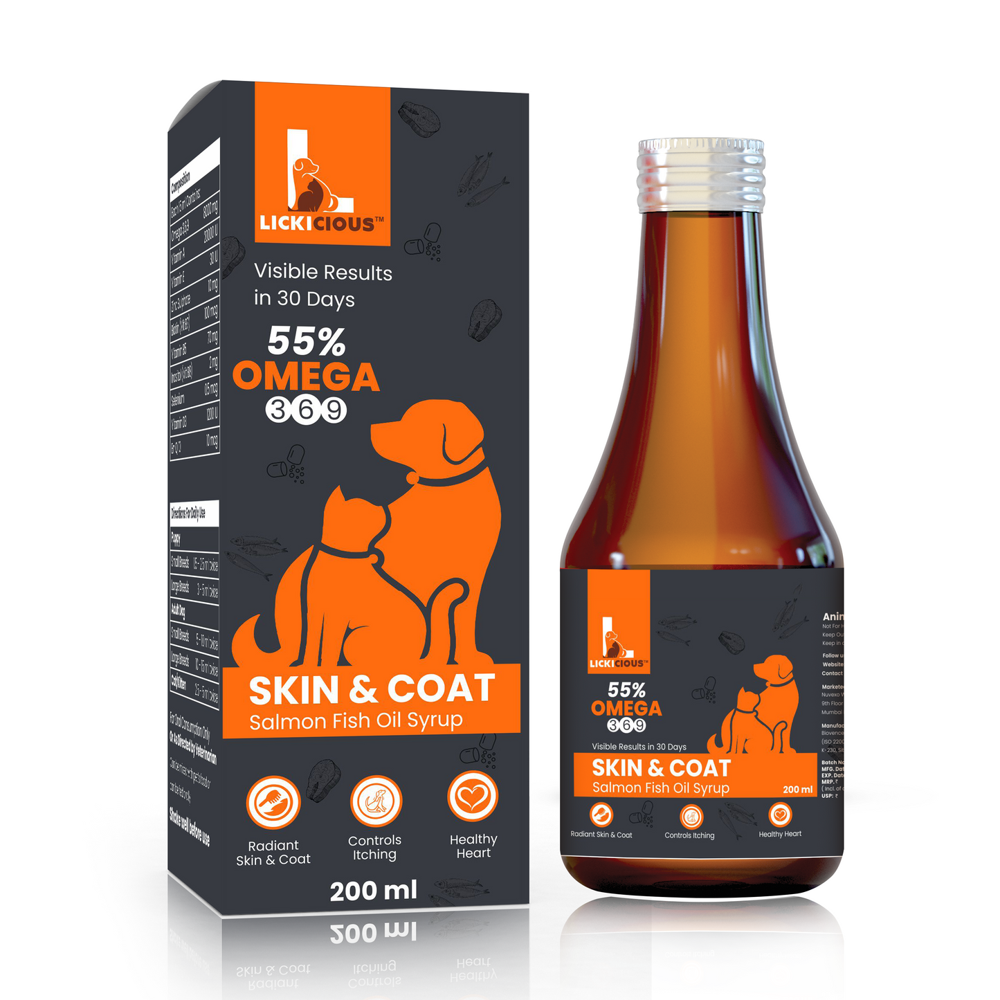 LICKICIOUS Skin and Coat Syrup with 55% Salmon Oil Omega 3-6-9 for Dogs & Cats