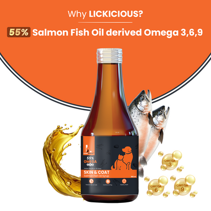 LICKICIOUS Skin and Coat Syrup with 55% Salmon Oil Omega 3-6-9 for Dogs & Cats